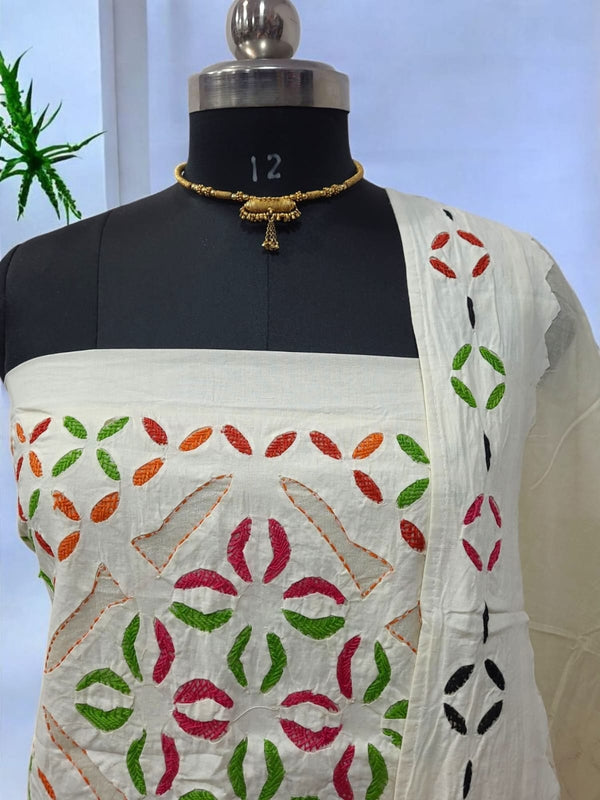 Pure Cotton Applique Work 3 pc Salwar Suit with Suzani Hand Embroidery - Leheriya