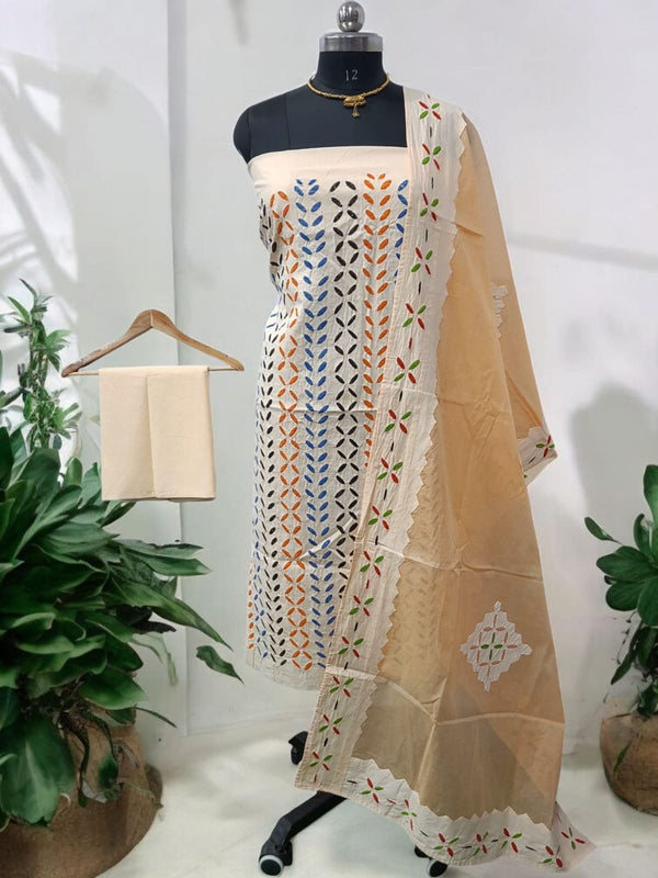 Pure Cotton Applique Work 3 pc Salwar Suit with Suzani Hand Embroidery - Leheriya