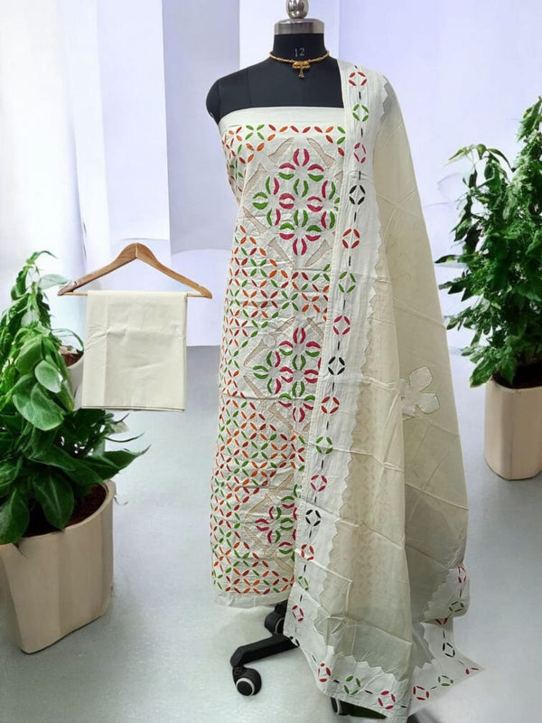Pure Cotton Applique Work 3 pc Salwar Suit with Suzani Hand Embroidery - Leheriya