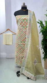 Pure Cotton Applique Work 3 pc Salwar Suit with Suzani Hand Embroidery - Leheriya