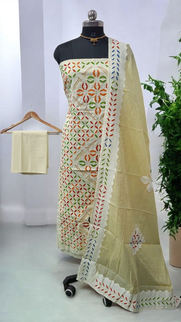 Pure Cotton Applique Work 3 pc Salwar Suit with Suzani Hand Embroidery - Leheriya