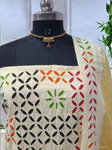 Pure Cotton Applique Work 3 pc Salwar Suit with Suzani Hand Embroidery and Mirror Work - Leheriya