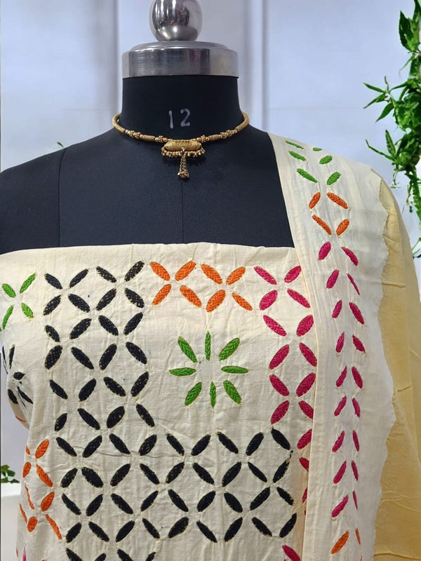 Pure Cotton Applique Work 3 pc Salwar Suit with Suzani Hand Embroidery and Mirror Work - Leheriya