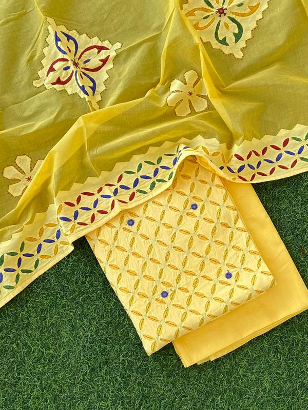 Pure Cotton Applique Work 3 pc Salwar Suit with Suzani Hand Embroidery and Mirror Work - Leheriya