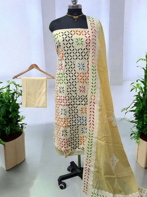 Pure Cotton Applique Work 3 pc Salwar Suit with Suzani Hand Embroidery and Mirror Work - Leheriya