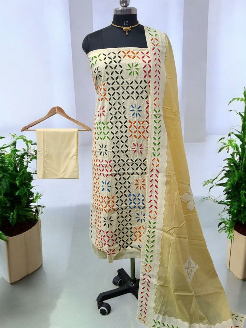 Pure Cotton Applique Work 3 pc Salwar Suit with Suzani Hand Embroidery and Mirror Work - Leheriya