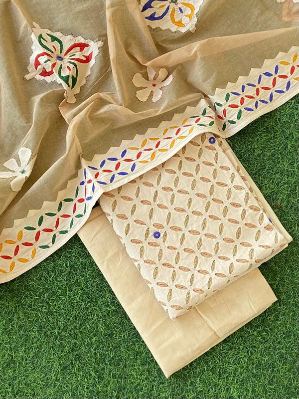 Pure Cotton Applique Work 3 pc Salwar Suit with Suzani Hand Embroidery and Mirror Work - Leheriya