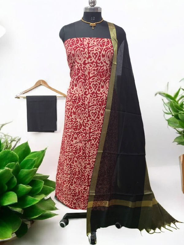 Pure Cotton Batik Print 3 pc Unstitched Salwar Suit with Chanderi Silk Dupatta - Leheriya