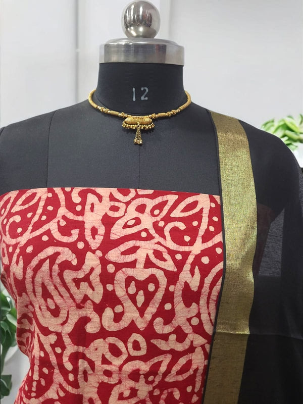Pure Cotton Batik Print 3 pc Unstitched Salwar Suit with Chanderi Silk Dupatta - Leheriya