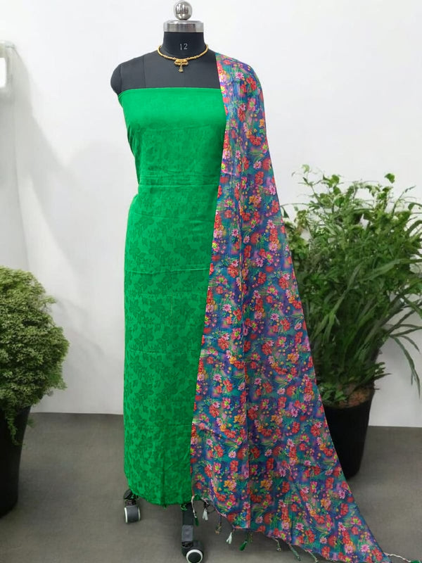 Pure Cotton Digital Printed 3 Pc Unstitched Salwar Suit With Colorful Cotton Silk Dupatta - Leheriya