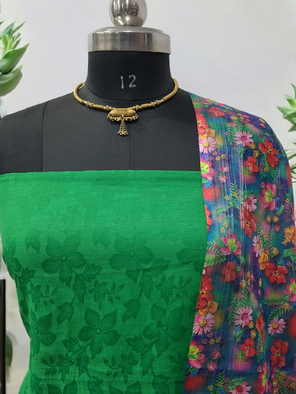 Pure Cotton Digital Printed 3 Pc Unstitched Salwar Suit With Colorful Cotton Silk Dupatta - Leheriya