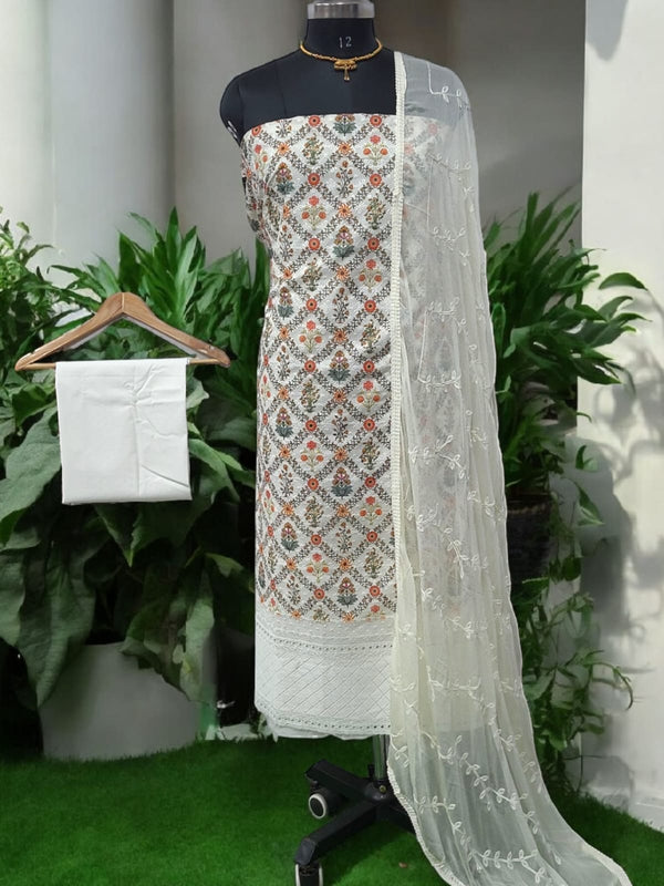 Pure Cotton Fabric Handwork 3 pc Unstitched Salwar Suit - Leheriya