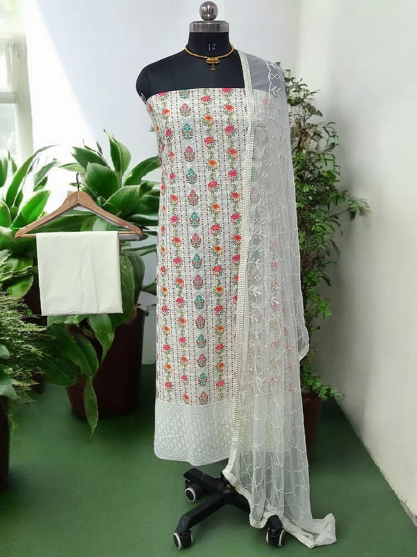 Pure Cotton Fabric Handwork 3 pc Unstitched Salwar Suit - Leheriya