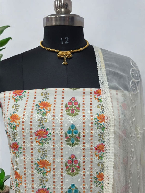 Pure Cotton Fabric Handwork 3 pc Unstitched Salwar Suit - Leheriya