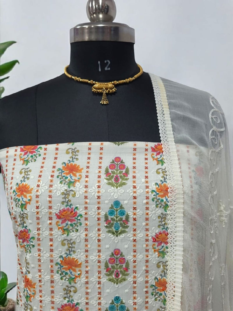 Pure Cotton Fabric Handwork 3 pc Unstitched Salwar Suit - Leheriya
