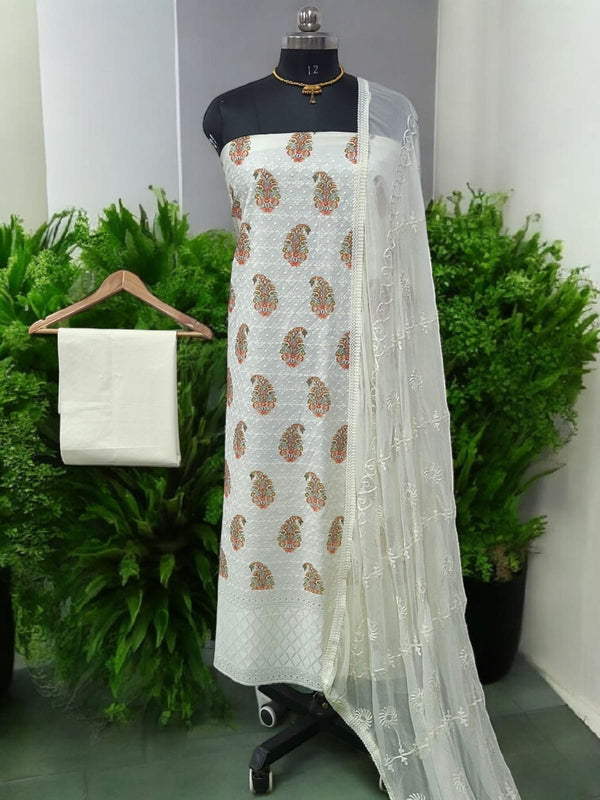 Pure Cotton Fabric Handwork 3 pc Unstitched Salwar Suit - Leheriya