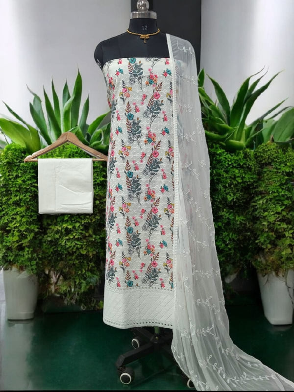 Pure Cotton Fabric Handwork 3 pc Unstitched Salwar Suit - Leheriya