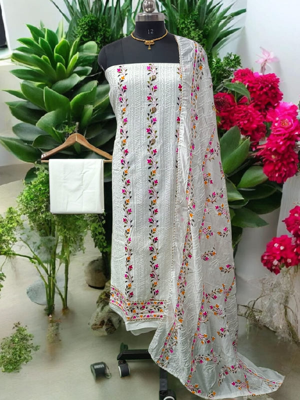 Pure Cotton Fabric Handwork 3 pc Unstitched Salwar Suit - Leheriya
