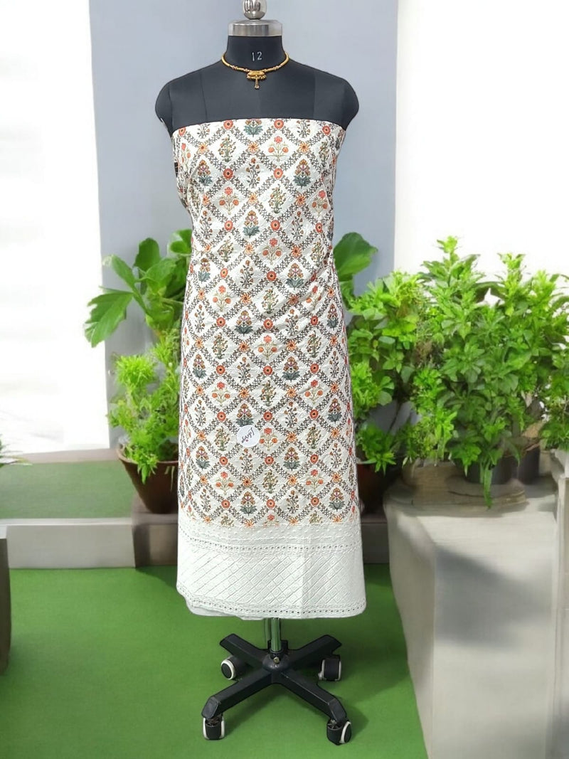 Pure Cotton Fabric Handwork 3 pc Unstitched Salwar Suit - Leheriya