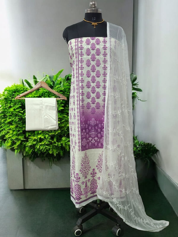 Pure Cotton Fabric Handwork 3 pc Unstitched Salwar Suit - Leheriya