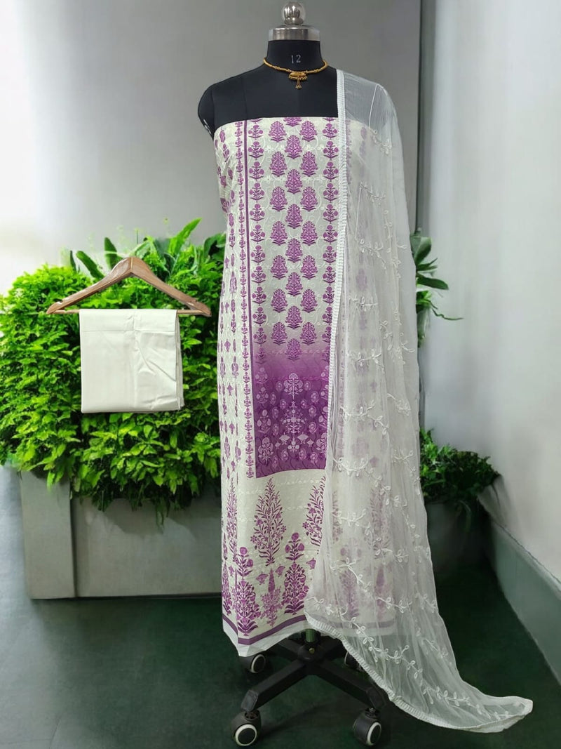 Pure Cotton Fabric Handwork 3 pc Unstitched Salwar Suit - Leheriya