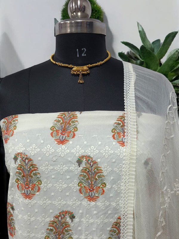Pure Cotton Fabric Handwork 3 pc Unstitched Salwar Suit - Leheriya
