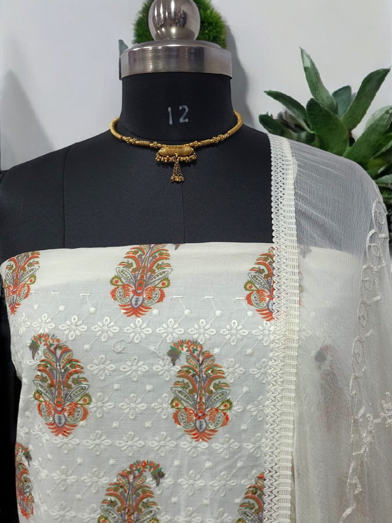 Pure Cotton Fabric Handwork 3 pc Unstitched Salwar Suit - Leheriya