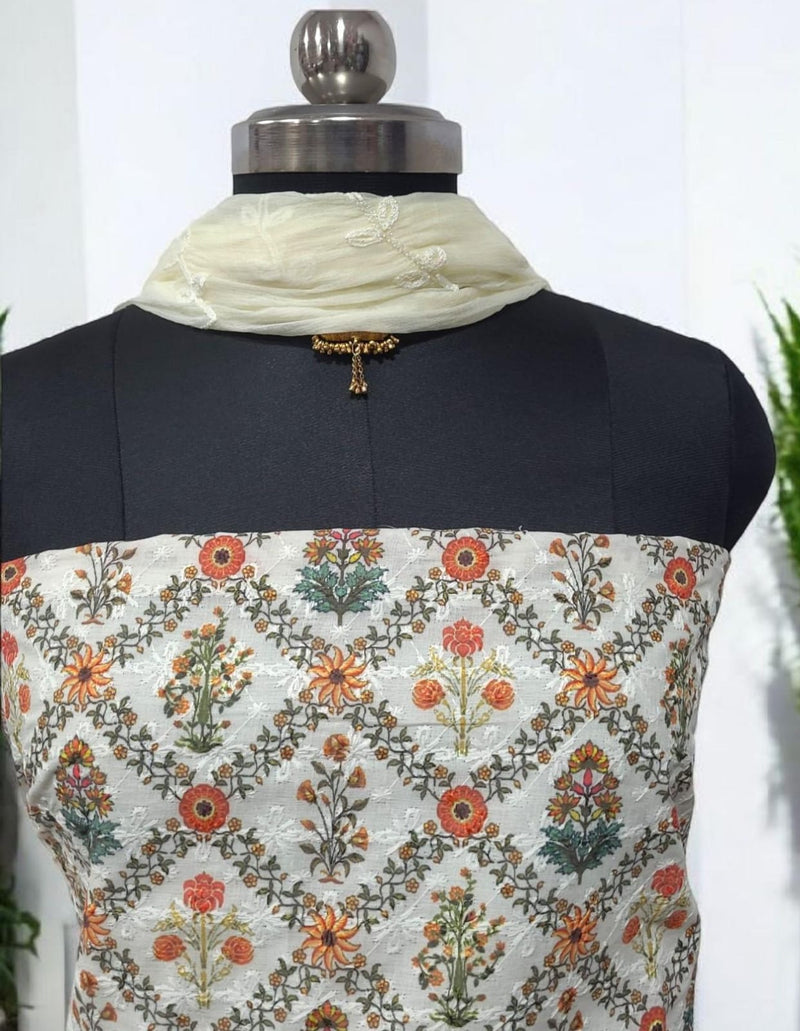 Pure Cotton Fabric Handwork 3 pc Unstitched Salwar Suit - Leheriya
