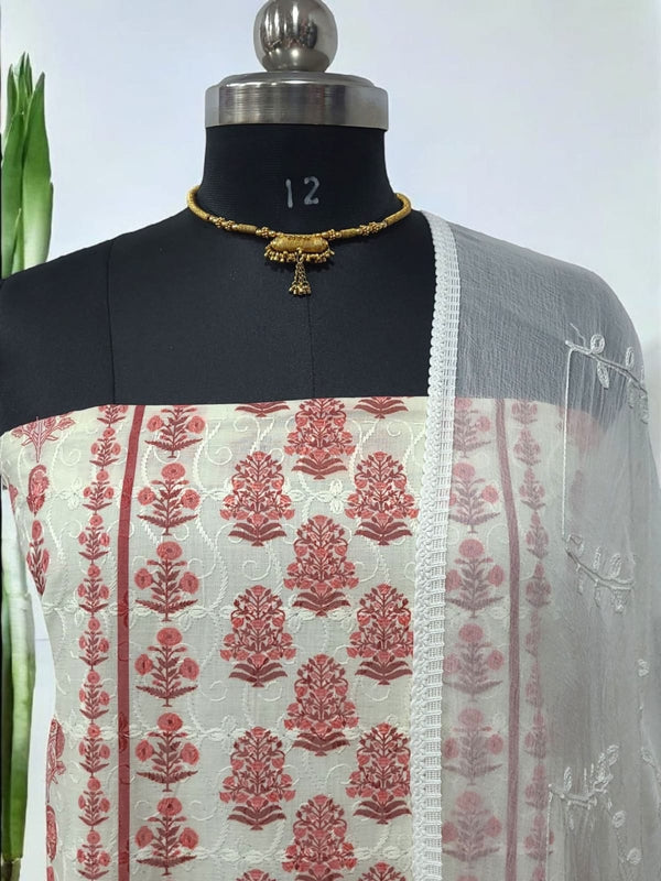 Pure Cotton Fabric Handwork 3 pc Unstitched Salwar Suit - Leheriya