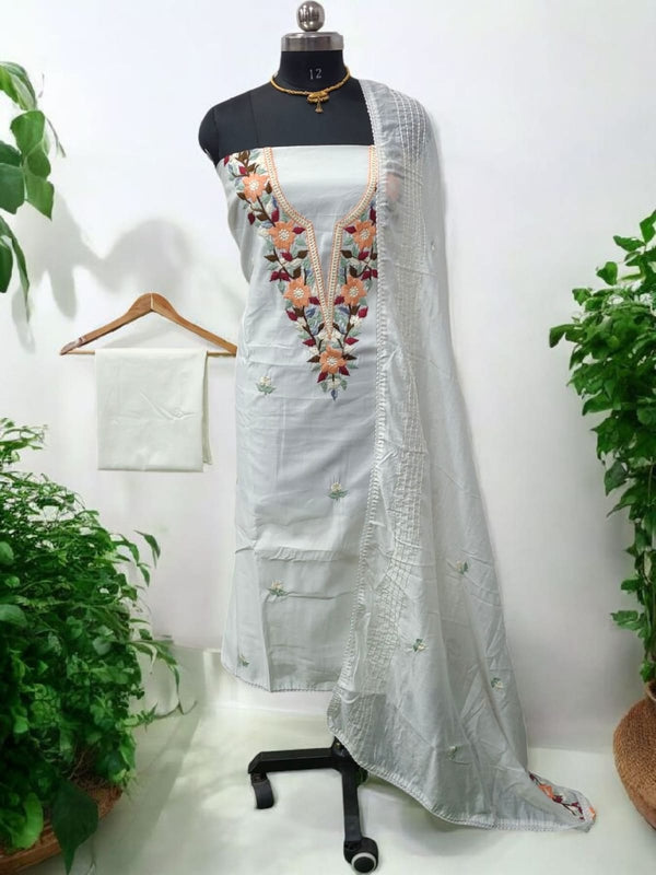 Pure Cotton Fabric Handwork 3 pc Unstitched Salwar Suit - Leheriya