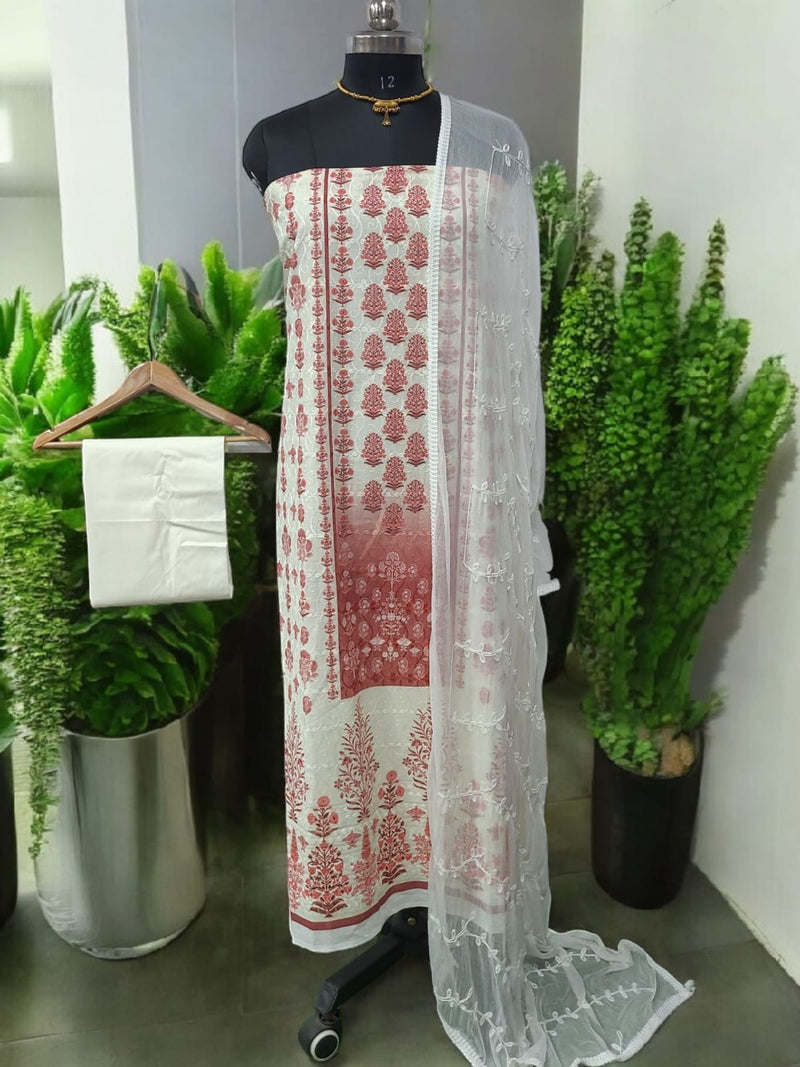 Pure Cotton Fabric Handwork 3 pc Unstitched Salwar Suit - Leheriya