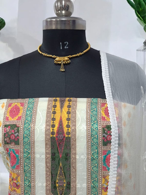 Pure Cotton Fabric Handwork 3 pc Unstitched Salwar Suit - Leheriya