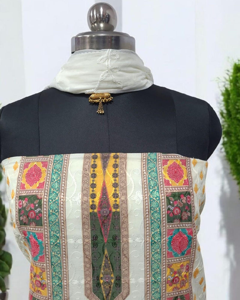 Pure Cotton Fabric Handwork 3 pc Unstitched Salwar Suit - Leheriya