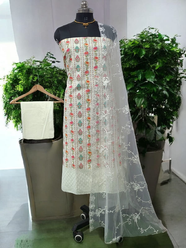 Pure Cotton Fabric Handwork 3 pc Unstitched Salwar Suit with Net Dupatta - Leheriya