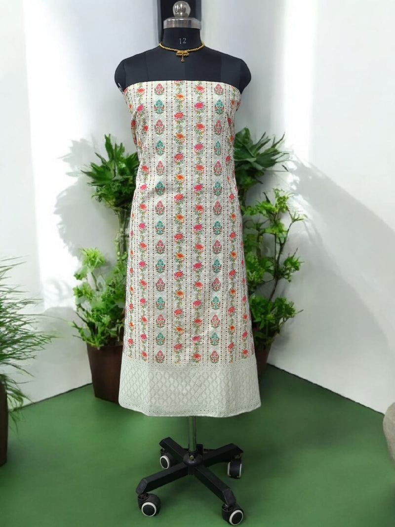 Pure Cotton Fabric Handwork 3 pc Unstitched Salwar Suit with Net Dupatta - Leheriya