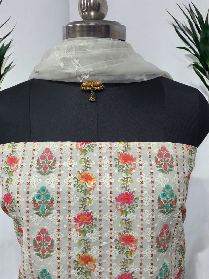 Pure Cotton Fabric Handwork 3 pc Unstitched Salwar Suit with Net Dupatta - Leheriya