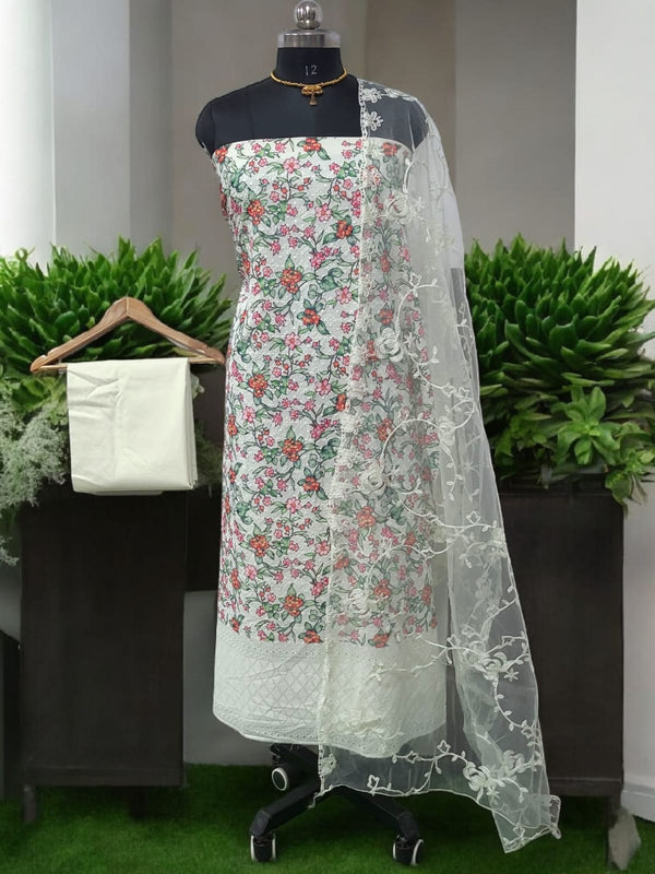 Pure Cotton Fabric Handwork 3 pc Unstitched Salwar Suit with Net Dupatta - Leheriya