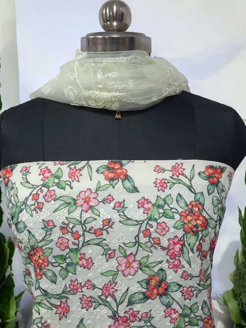 Pure Cotton Fabric Handwork 3 pc Unstitched Salwar Suit with Net Dupatta - Leheriya