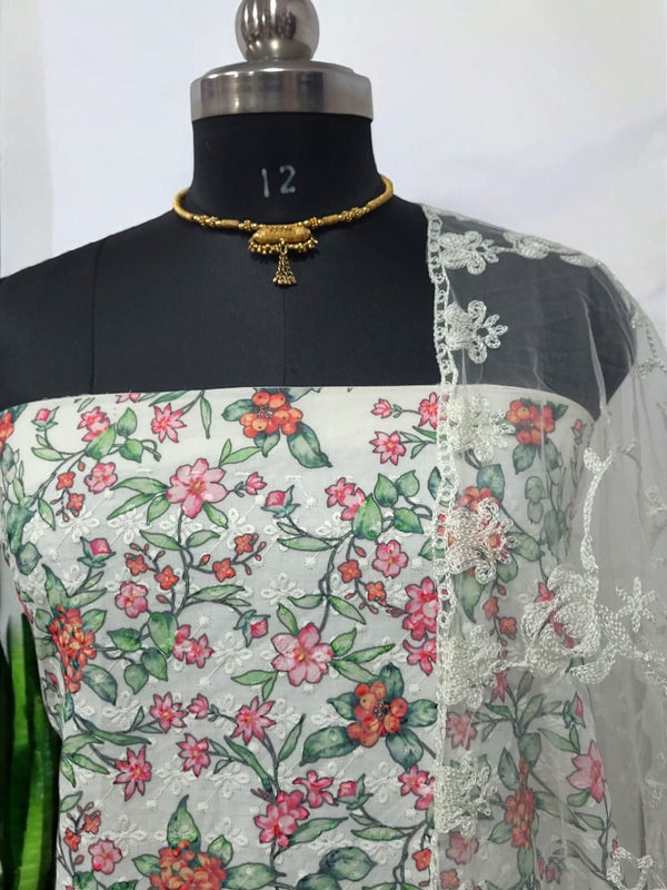 Pure Cotton Fabric Handwork 3 pc Unstitched Salwar Suit with Net Dupatta - Leheriya