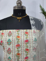 Pure Cotton Fabric Handwork 3 pc Unstitched Salwar Suit with Net Dupatta - Leheriya