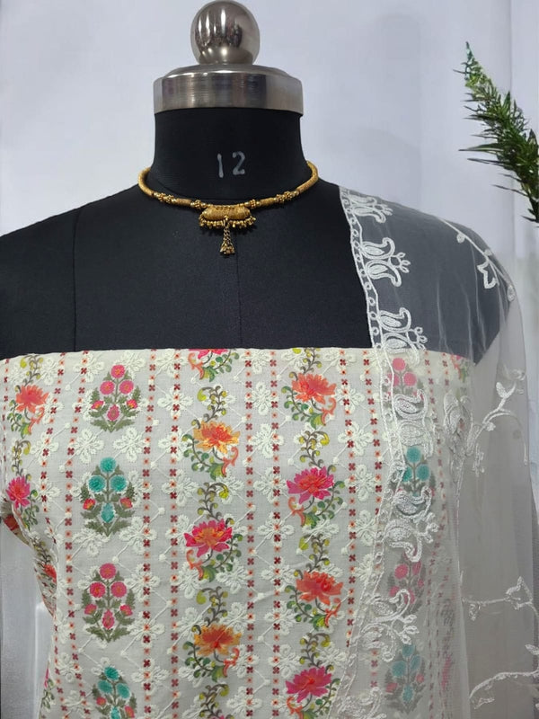 Pure Cotton Fabric Handwork 3 pc Unstitched Salwar Suit with Net Dupatta - Leheriya