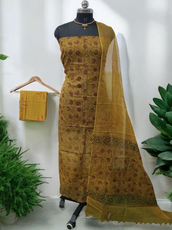 Pure Cotton Hand Block Printed Kota Doria Unstitched 3 pc Salwar Suit - Leheriya