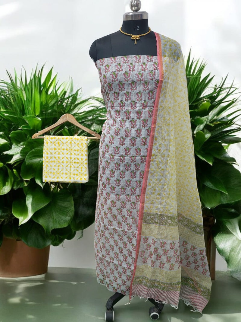 Pure Cotton Hand Block Printed Kota Doria Unstitched 3 pc Salwar Suit - Leheriya