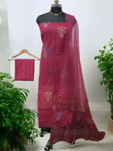 Pure Cotton Hand Block Printed Kota Doria Unstitched 3 pc Salwar Suit - Leheriya