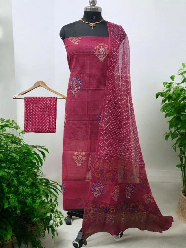 Pure Cotton Hand Block Printed Kota Doria Unstitched 3 pc Salwar Suit - Leheriya