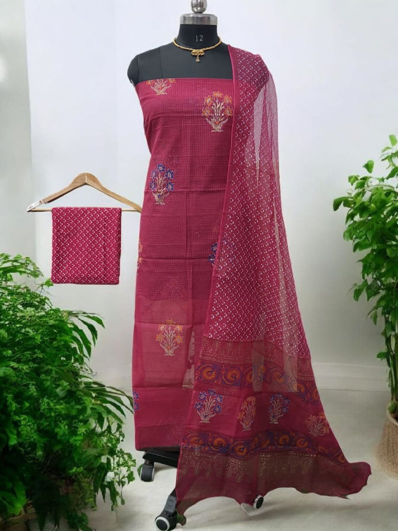 Pure Cotton Hand Block Printed Kota Doria Unstitched 3 pc Salwar Suit - Leheriya
