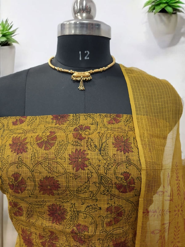 Pure Cotton Hand Block Printed Kota Doria Unstitched 3 pc Salwar Suit - Leheriya