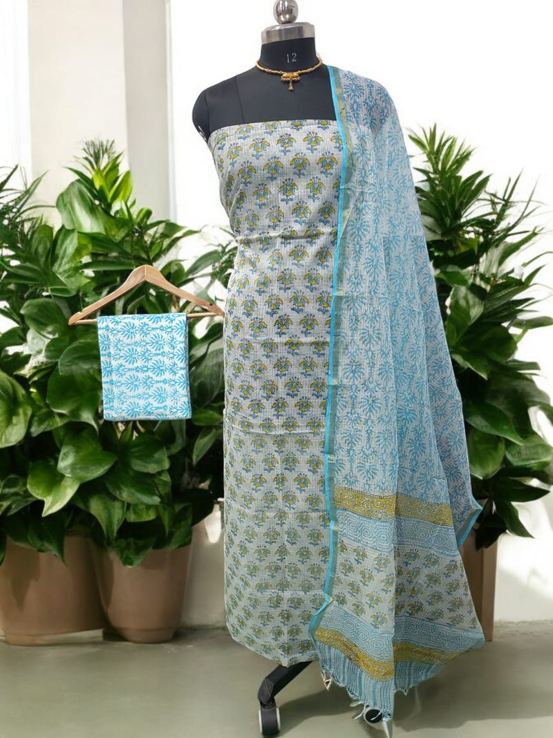 Pure Cotton Hand Block Printed Kota Doria Unstitched 3 pc Salwar Suit - Leheriya