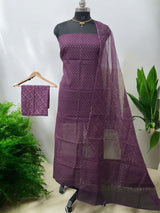 Pure Cotton Hand Block Printed Kota Doria Unstitched 3 pc Salwar Suit - Leheriya