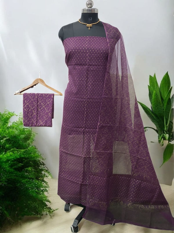 Pure Cotton Hand Block Printed Kota Doria Unstitched 3 pc Salwar Suit - Leheriya